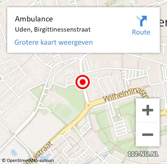 Locatie op kaart van de 112 melding: Ambulance Uden, Birgittinessenstraat op 10 juli 2019 13:22