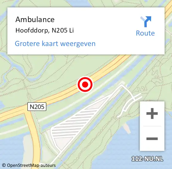 Locatie op kaart van de 112 melding: Ambulance Hoofddorp, N205 Li op 11 juli 2019 10:08