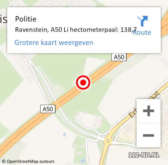 Locatie op kaart van de 112 melding: Politie Ravenstein, A50 Li hectometerpaal: 137,0 op 14 juli 2019 21:05