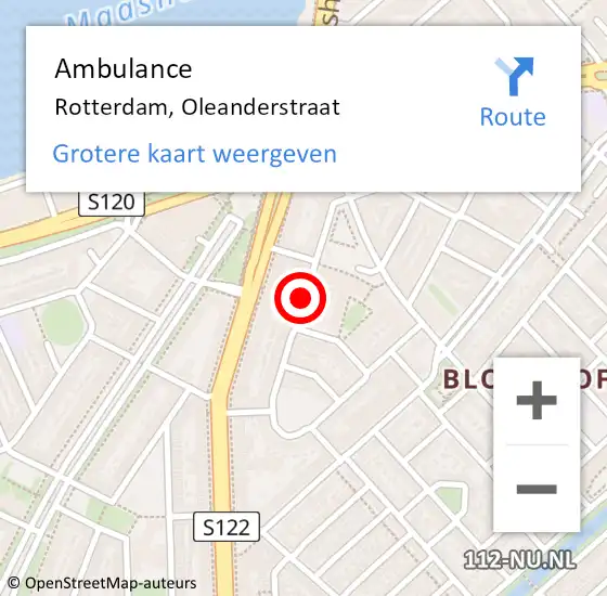 Locatie op kaart van de 112 melding: Ambulance Rotterdam, Oleanderstraat op 15 juli 2019 13:27