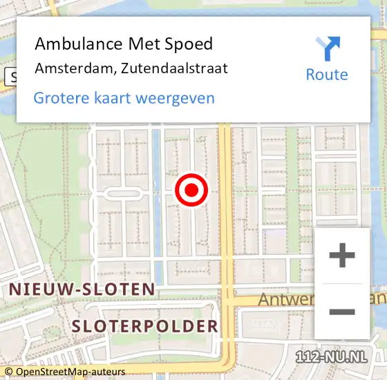 Locatie op kaart van de 112 melding: Ambulance Met Spoed Naar Amsterdam, Zutendaalstraat op 15 juli 2019 14:04
