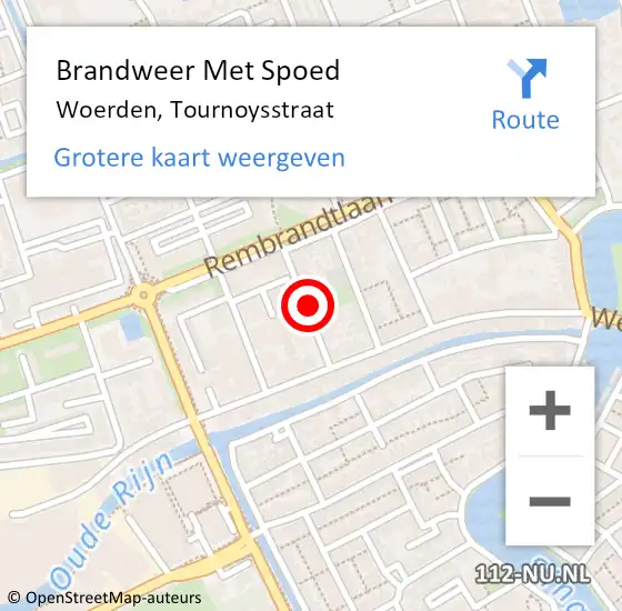 Locatie op kaart van de 112 melding: Brandweer Met Spoed Naar Woerden, Tournoysstraat op 15 juli 2019 14:21