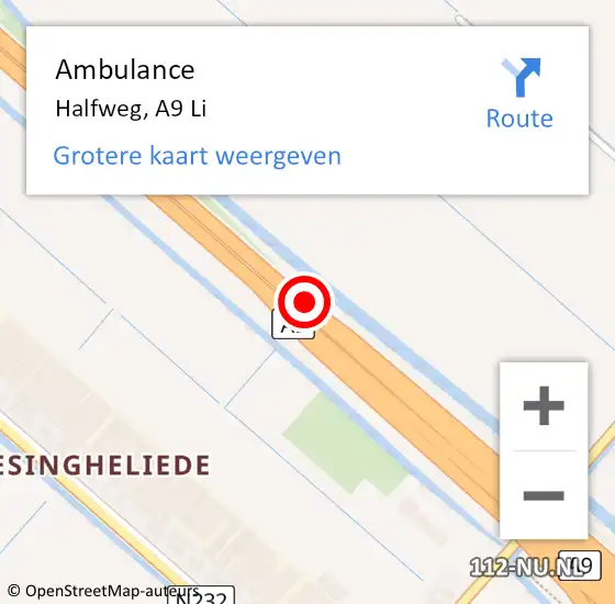 Locatie op kaart van de 112 melding: Ambulance Halfweg, A9 Li op 15 juli 2019 16:05
