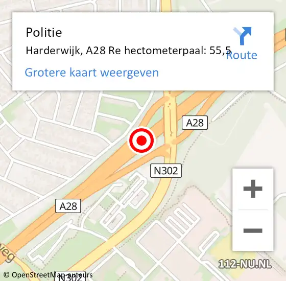 Locatie op kaart van de 112 melding: Politie Harderwijk, A28 Re hectometerpaal: 55,5 op 16 juli 2019 12:11