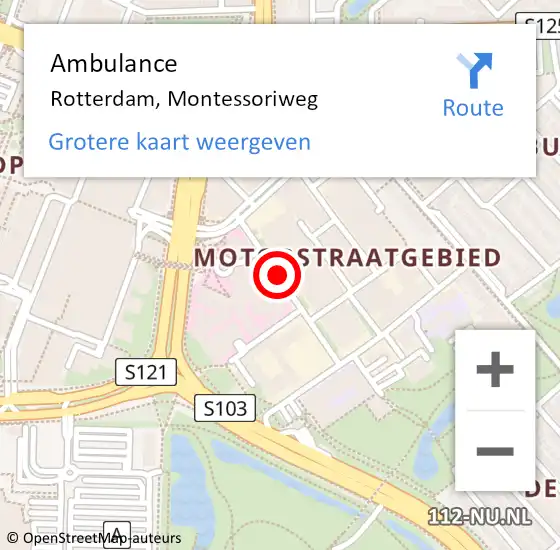 Locatie op kaart van de 112 melding: Ambulance Rotterdam, Montessoriweg op 18 juli 2019 11:16