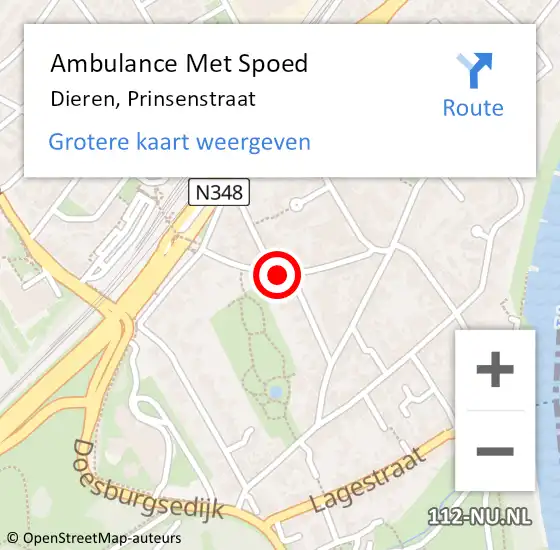 Locatie op kaart van de 112 melding: Ambulance Met Spoed Naar Dieren, Prinsenstraat op 18 juli 2019 15:01