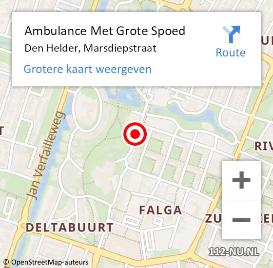 Locatie op kaart van de 112 melding: Ambulance Met Grote Spoed Naar Den Helder, Marsdiepstraat op 18 juli 2019 22:11