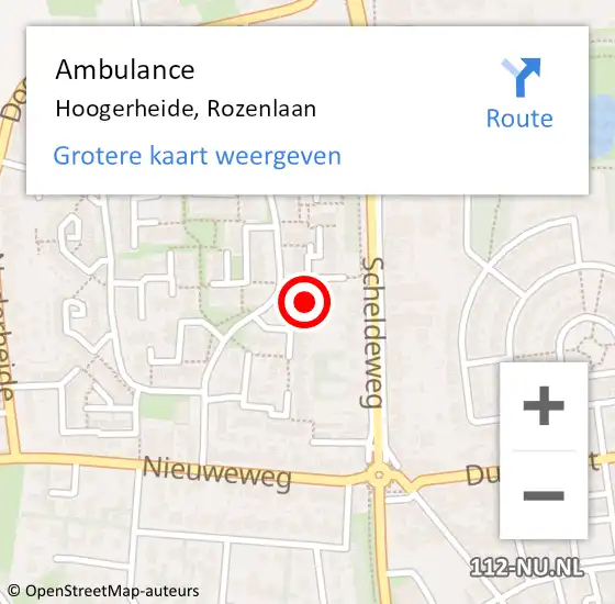Locatie op kaart van de 112 melding: Ambulance Hoogerheide, Rozenlaan op 19 juli 2019 13:59