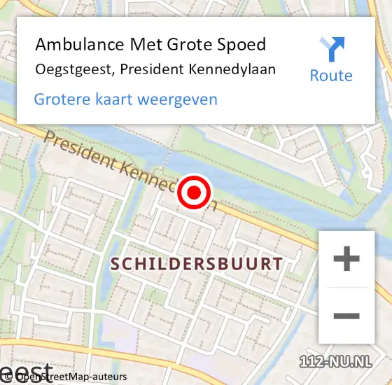 Locatie op kaart van de 112 melding: Ambulance Met Grote Spoed Naar Oegstgeest, President Kennedylaan op 19 juli 2019 18:58