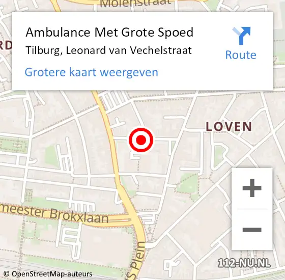 Locatie op kaart van de 112 melding: Ambulance Met Grote Spoed Naar Tilburg, Leonard van Vechelstraat op 19 juli 2019 21:43
