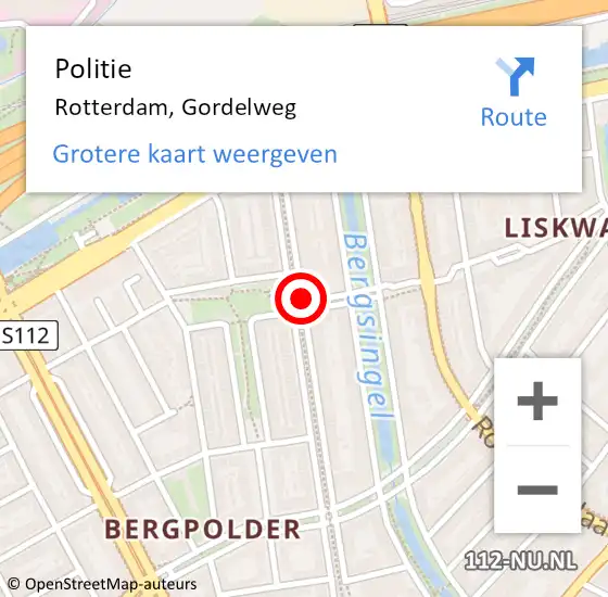 Locatie op kaart van de 112 melding: Politie Rotterdam, Gordelweg op 22 juli 2019 22:14
