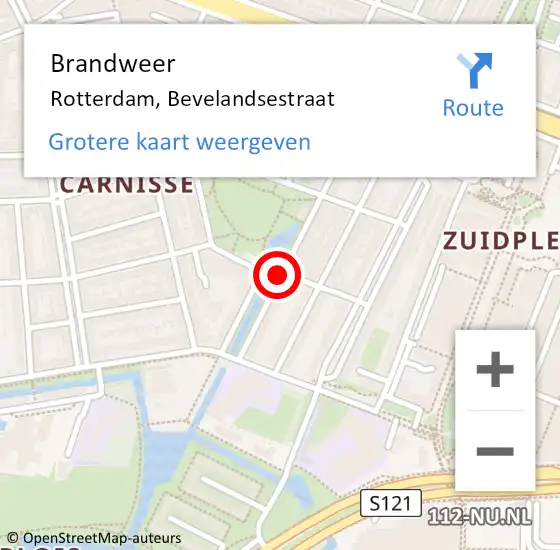 Locatie op kaart van de 112 melding: Brandweer Rotterdam, Bevelandsestraat op 27 juli 2019 12:52