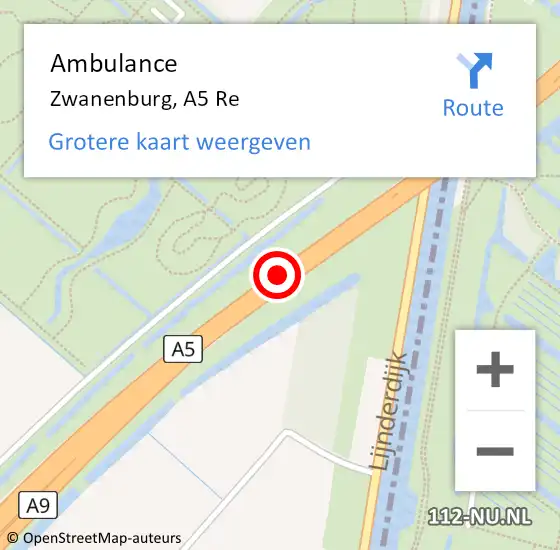 Locatie op kaart van de 112 melding: Ambulance Zwanenburg, A5 Re op 28 juli 2019 14:32