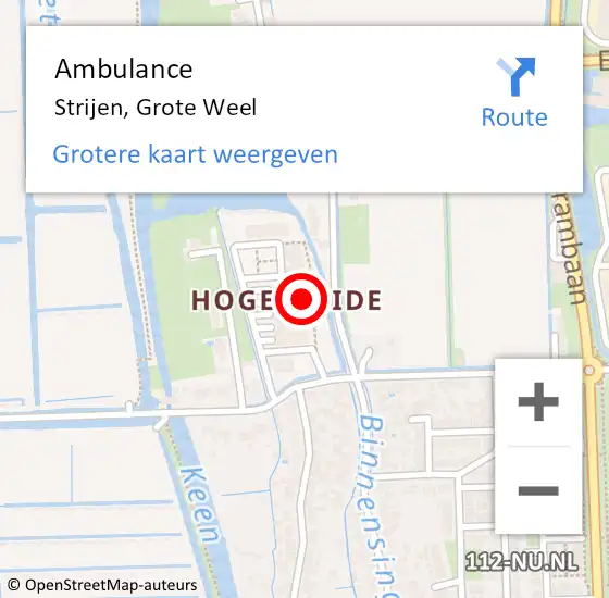 Locatie op kaart van de 112 melding: Ambulance Strijen, Grote Weel op 29 juli 2019 07:41