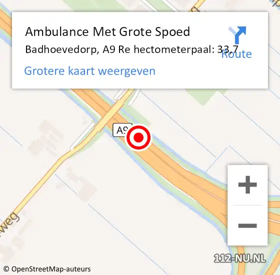 Locatie op kaart van de 112 melding: Ambulance Met Grote Spoed Naar Badhoevedorp, A9 Li hectometerpaal: 36,5 op 29 juli 2019 17:35