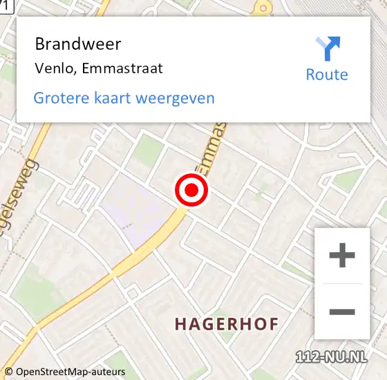 Locatie op kaart van de 112 melding: Brandweer Venlo, Emmastraat op 30 juli 2019 10:55
