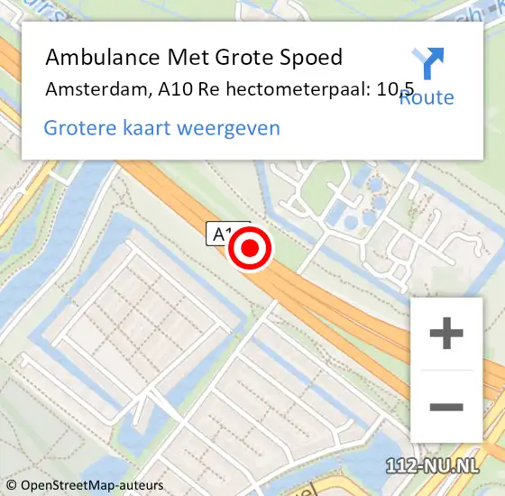 Locatie op kaart van de 112 melding: Ambulance Met Grote Spoed Naar Amsterdam, A10 Re hectometerpaal: 10,5 op 2 augustus 2019 11:38