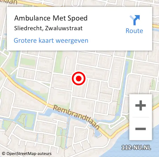Locatie op kaart van de 112 melding: Ambulance Met Spoed Naar Sliedrecht, Zwaluwstraat op 2 augustus 2019 18:06