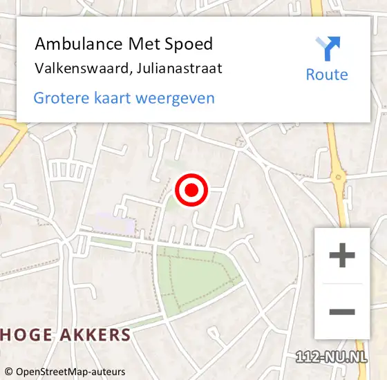 Locatie op kaart van de 112 melding: Ambulance Met Spoed Naar Valkenswaard, Julianastraat op 2 augustus 2019 22:23