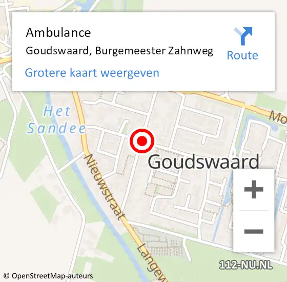 Locatie op kaart van de 112 melding: Ambulance Goudswaard, Burgemeester Zahnweg op 5 augustus 2019 13:32
