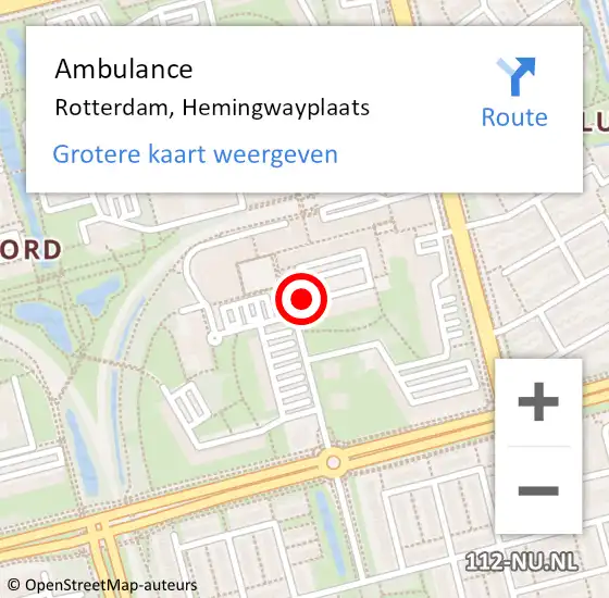 Locatie op kaart van de 112 melding: Ambulance Rotterdam, Hemingwayplaats op 7 augustus 2019 09:28