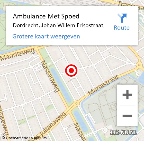 Locatie op kaart van de 112 melding: Ambulance Met Spoed Naar Dordrecht, Johan Willem Frisostraat op 8 augustus 2019 15:02