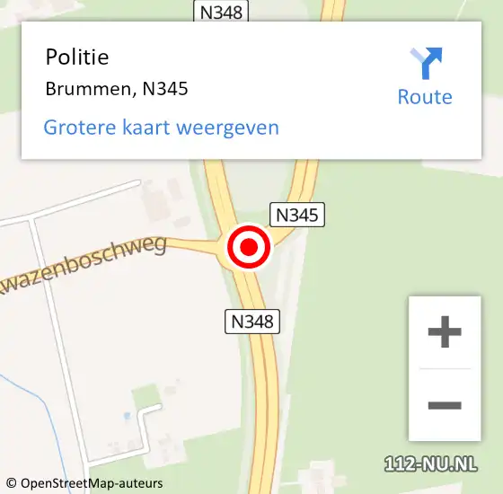 Locatie op kaart van de 112 melding: Politie Brummen, N345 op 10 augustus 2019 10:31