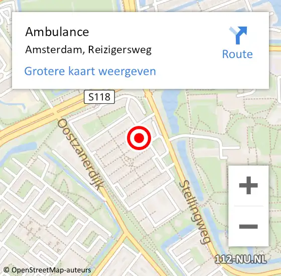 Locatie op kaart van de 112 melding: Ambulance Amsterdam, Reizigersweg op 10 augustus 2019 11:58
