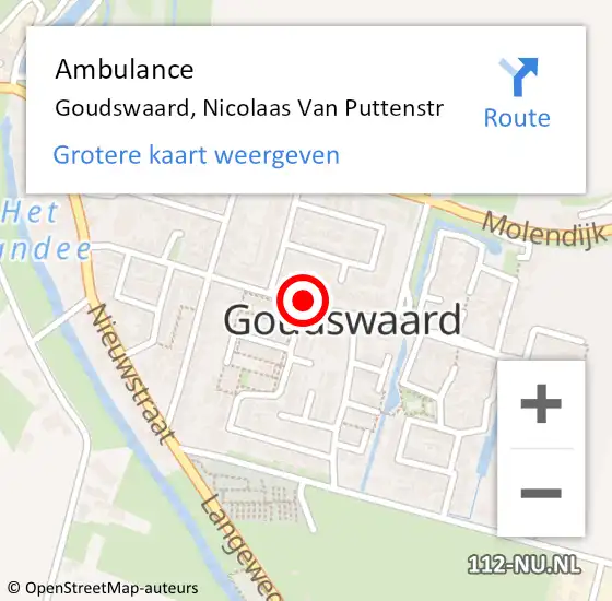 Locatie op kaart van de 112 melding: Ambulance Goudswaard, Nicolaas Van Puttenstr op 11 augustus 2019 09:36