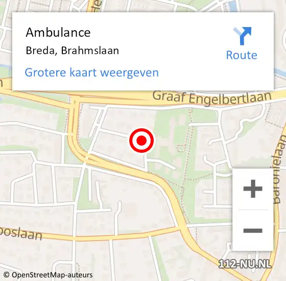 Locatie op kaart van de 112 melding: Ambulance Breda, Brahmslaan op 13 augustus 2019 14:16