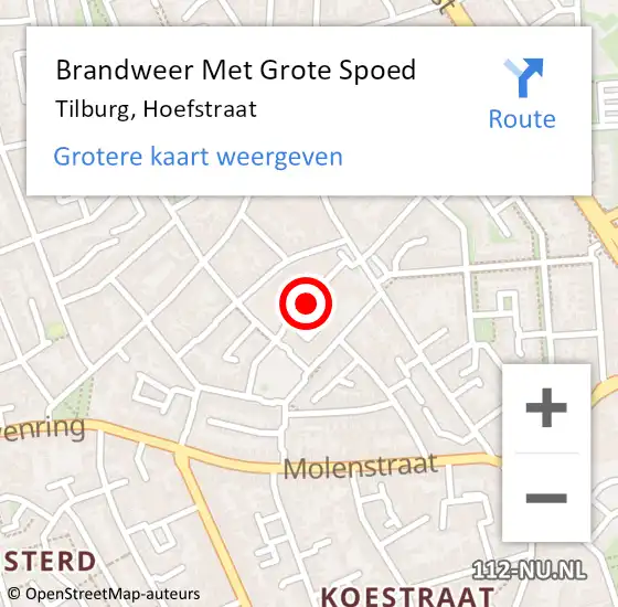 Locatie op kaart van de 112 melding: Brandweer Met Grote Spoed Naar Tilburg, Hoefstraat op 13 augustus 2019 20:38