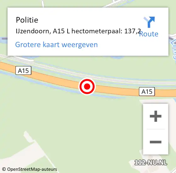 Locatie op kaart van de 112 melding: Politie IJzendoorn, A15 L hectometerpaal: 137,2 op 14 augustus 2019 15:25