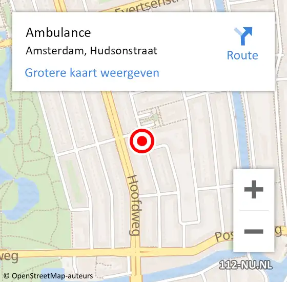 Locatie op kaart van de 112 melding: Ambulance Amsterdam, Hudsonstraat op 14 augustus 2019 21:42