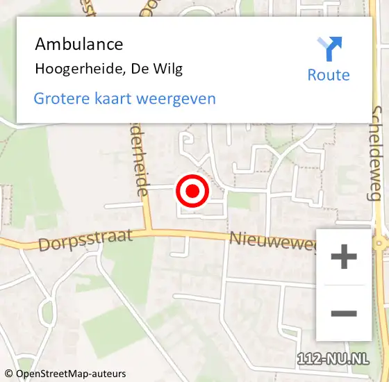 Locatie op kaart van de 112 melding: Ambulance Hoogerheide, De Wilg op 16 augustus 2019 15:33