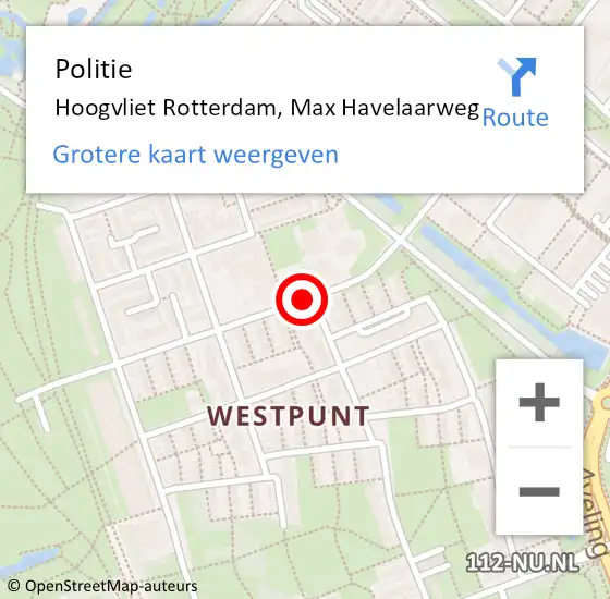 Locatie op kaart van de 112 melding: Politie Hoogvliet Rotterdam, Max Havelaarweg op 17 augustus 2019 19:24