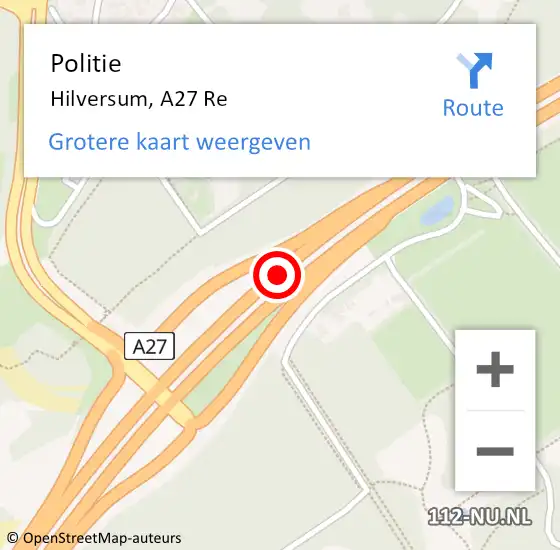Locatie op kaart van de 112 melding: Politie Hilversum, A27 Re op 19 augustus 2019 10:39