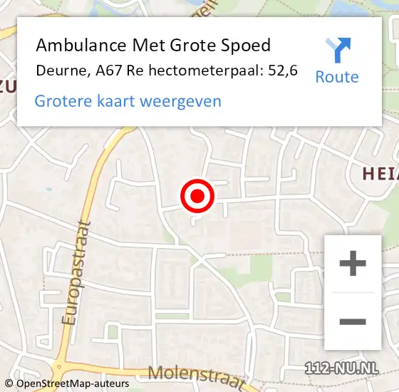 Locatie op kaart van de 112 melding: Ambulance Met Grote Spoed Naar Deurne, A67 Re hectometerpaal: 52,6 op 21 augustus 2019 20:42