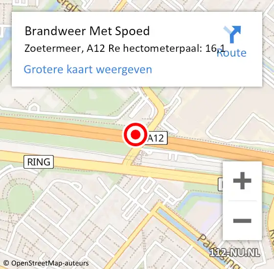 Locatie op kaart van de 112 melding: Brandweer Met Spoed Naar Zoetermeer, A12 Re hectometerpaal: 15,7 op 22 augustus 2019 17:43