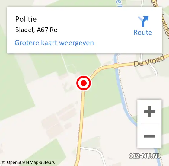 Locatie op kaart van de 112 melding: Politie Bladel, A67 Re op 24 augustus 2019 13:26