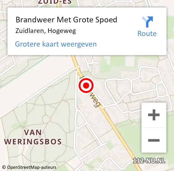 Locatie op kaart van de 112 melding: Brandweer Met Grote Spoed Naar Zuidlaren, Hogeweg op 26 augustus 2019 14:10