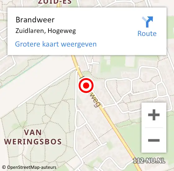 Locatie op kaart van de 112 melding: Brandweer Zuidlaren, Hogeweg op 26 augustus 2019 14:12
