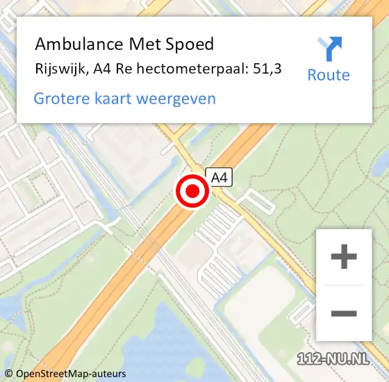 Locatie op kaart van de 112 melding: Ambulance Met Spoed Naar Rijswijk, A4 Re hectometerpaal: 51,3 op 27 augustus 2019 00:21