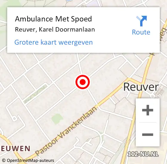 Locatie op kaart van de 112 melding: Ambulance Met Spoed Naar Reuver, Karel Doormanlaan op 27 augustus 2019 15:05