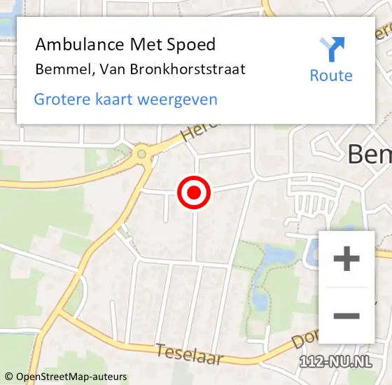 Locatie op kaart van de 112 melding: Ambulance Met Spoed Naar Bemmel, Van Bronkhorststraat op 30 augustus 2019 23:34