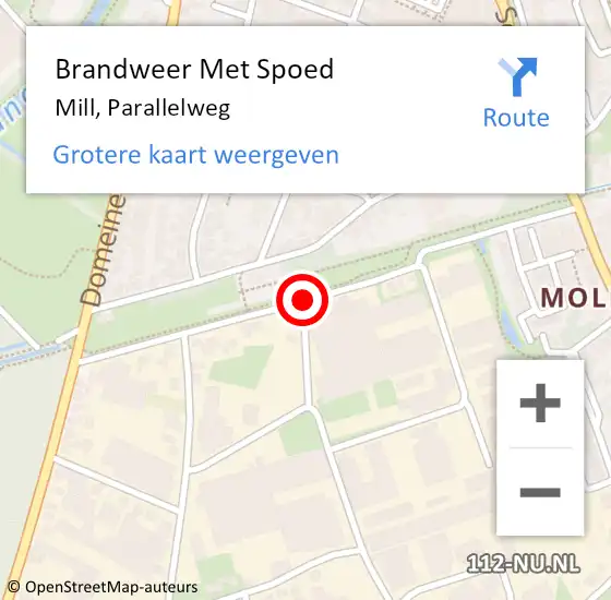 Locatie op kaart van de 112 melding: Brandweer Met Spoed Naar Mill, Parallelweg op 4 september 2019 06:58