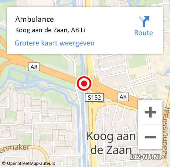 Locatie op kaart van de 112 melding: Ambulance Koog aan de Zaan, A8 Li op 6 september 2019 19:27