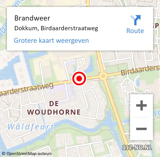 Locatie op kaart van de 112 melding: Brandweer Dokkum, Birdaarderstraatweg op 6 september 2019 19:33