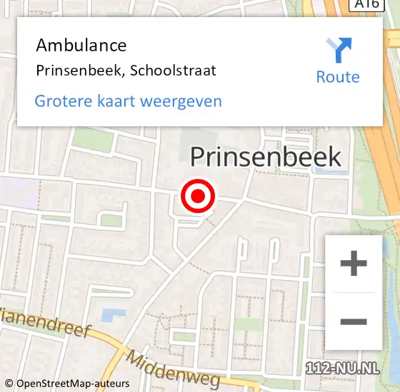 Locatie op kaart van de 112 melding: Ambulance Prinsenbeek, Schoolstraat op 11 september 2019 08:06