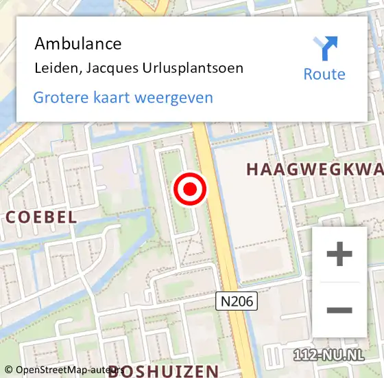 Locatie op kaart van de 112 melding: Ambulance Leiden, Jacques Urlusplantsoen op 11 september 2019 12:26