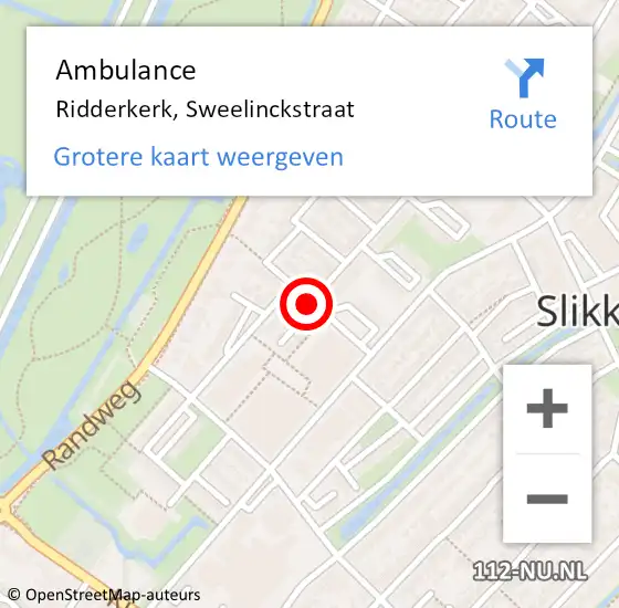 Locatie op kaart van de 112 melding: Ambulance Ridderkerk, Sweelinckstraat op 12 september 2019 15:02